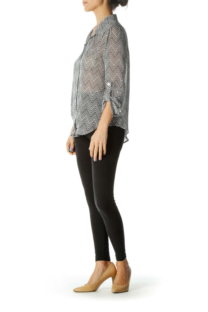 Black White Geometric Print Sheer Shirt