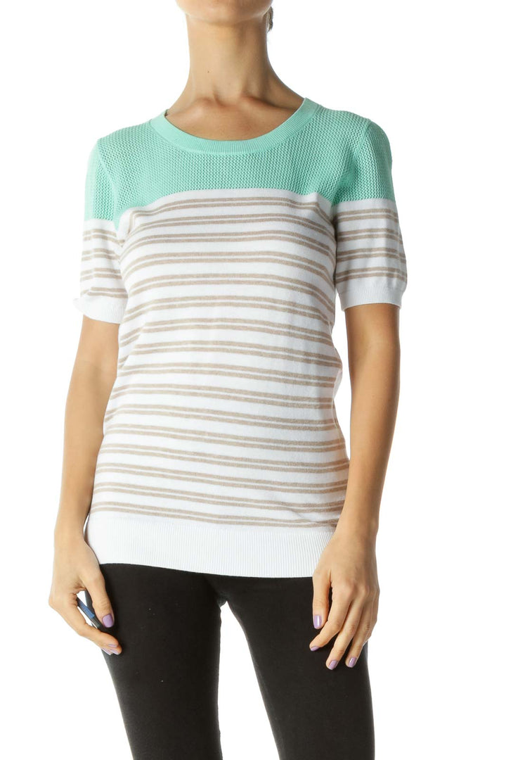 Mint-Green Brown White Striped Mixed-Media T-Shirt