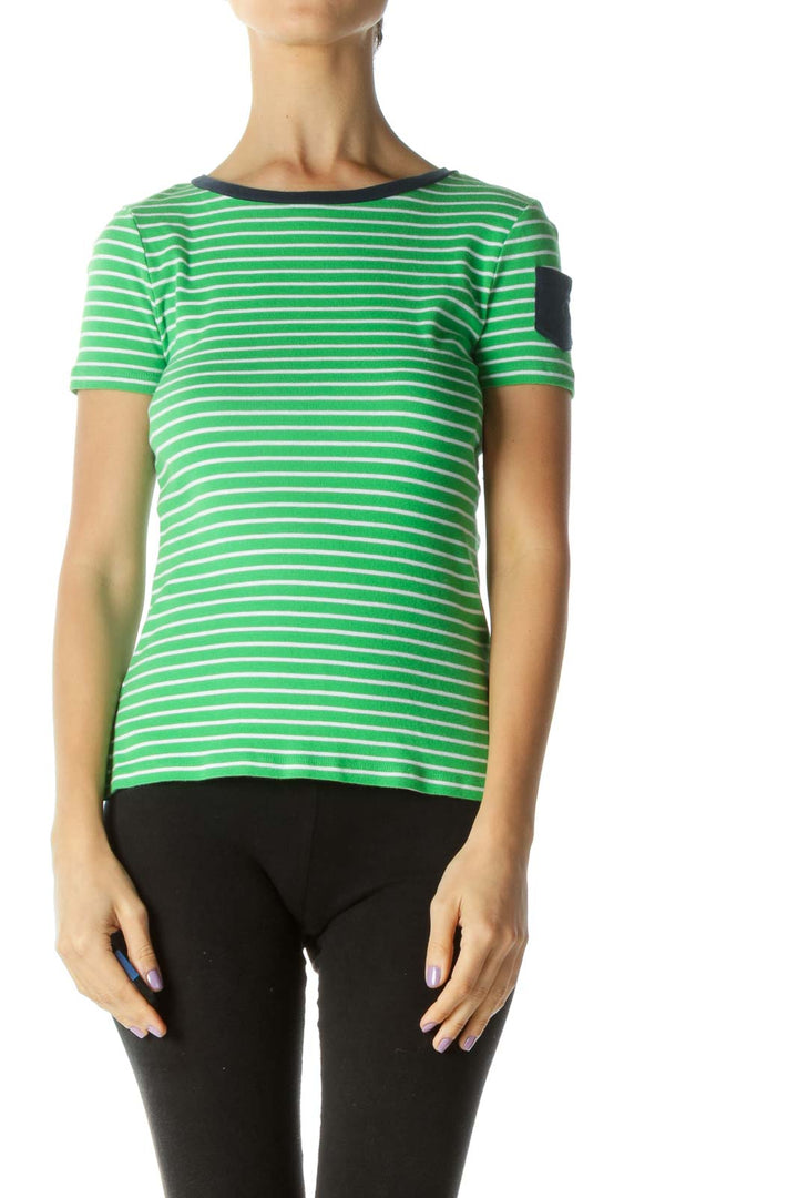 Green Blue White Striped Pocket T-Shirt