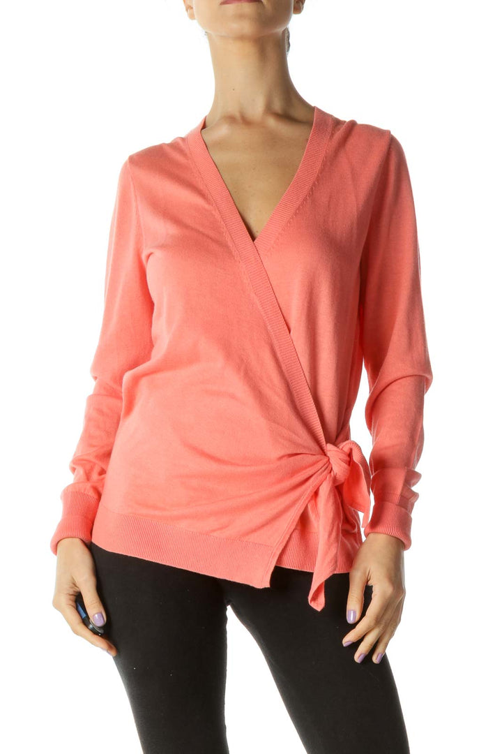 Coral Orange V-Neck Wrap Cardigan