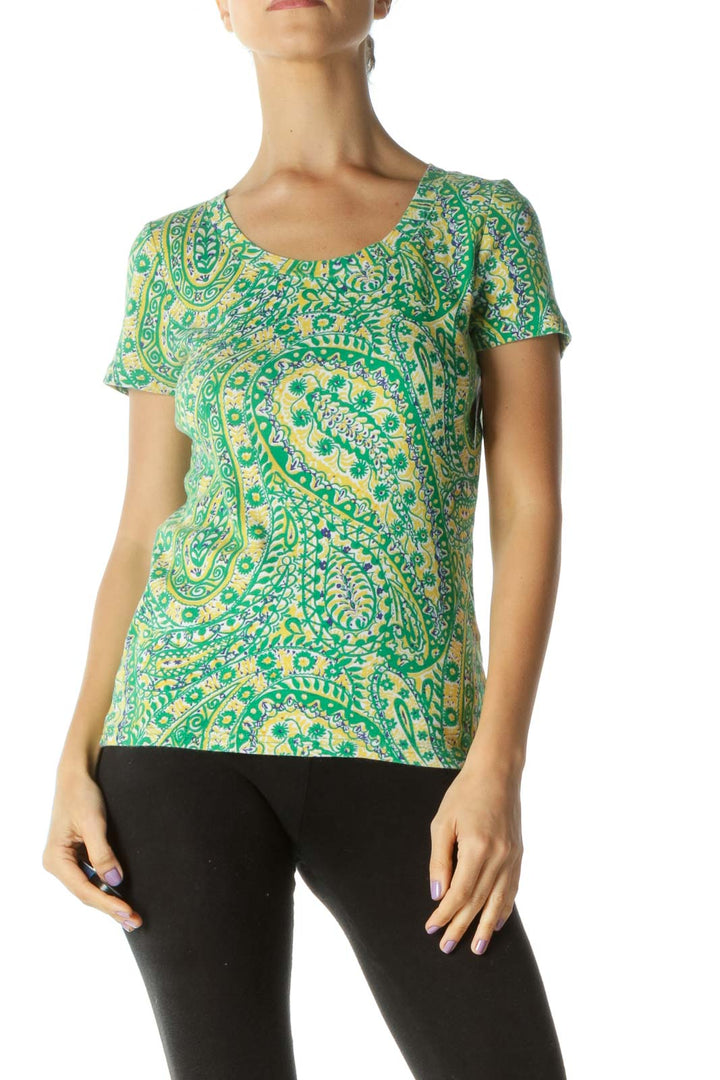 Green Yellow Blue Paisleys Print T-Shirt