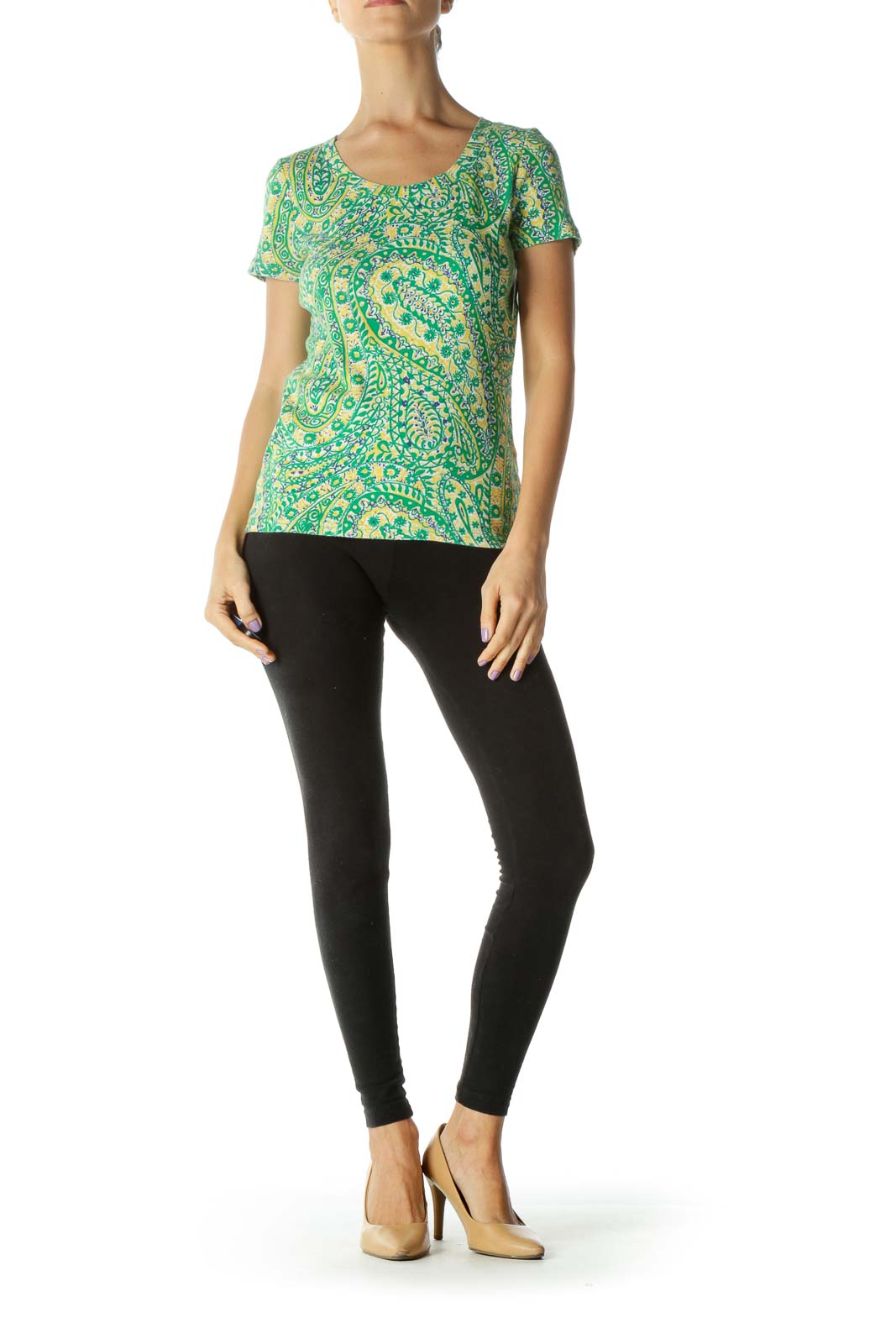 Green Yellow Blue Paisleys Print T-Shirt