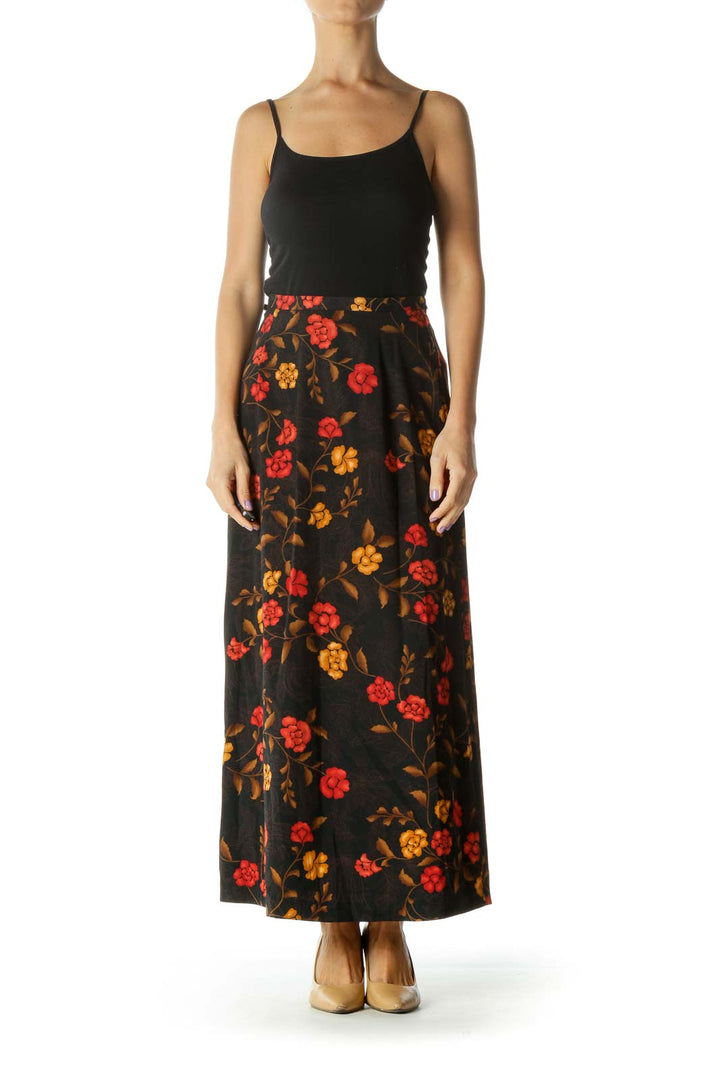 Black Orange Floral Maxi Skirt