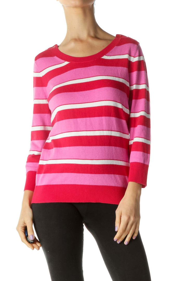 Pink Red White Striped Button Details Sweater