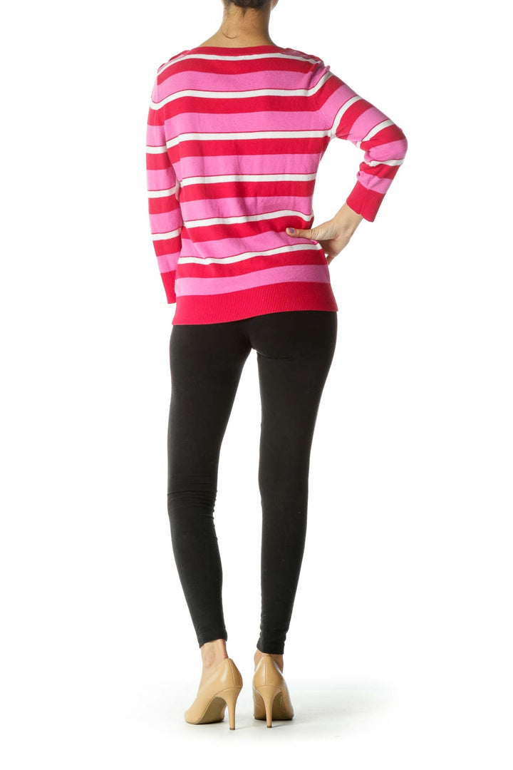 Pink Red White Striped Button Details Sweater