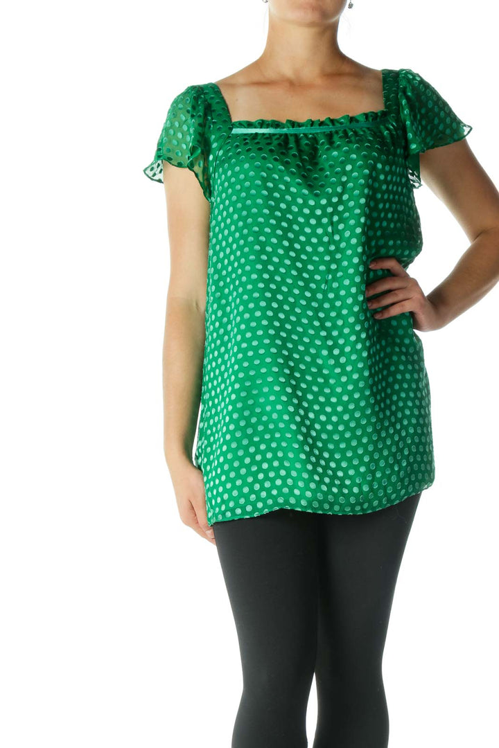 Green Silk Square Neckline Textured Top