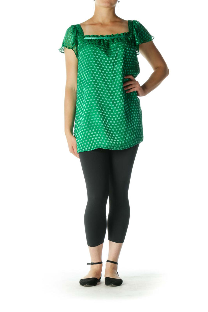 Green Silk Square Neckline Textured Top