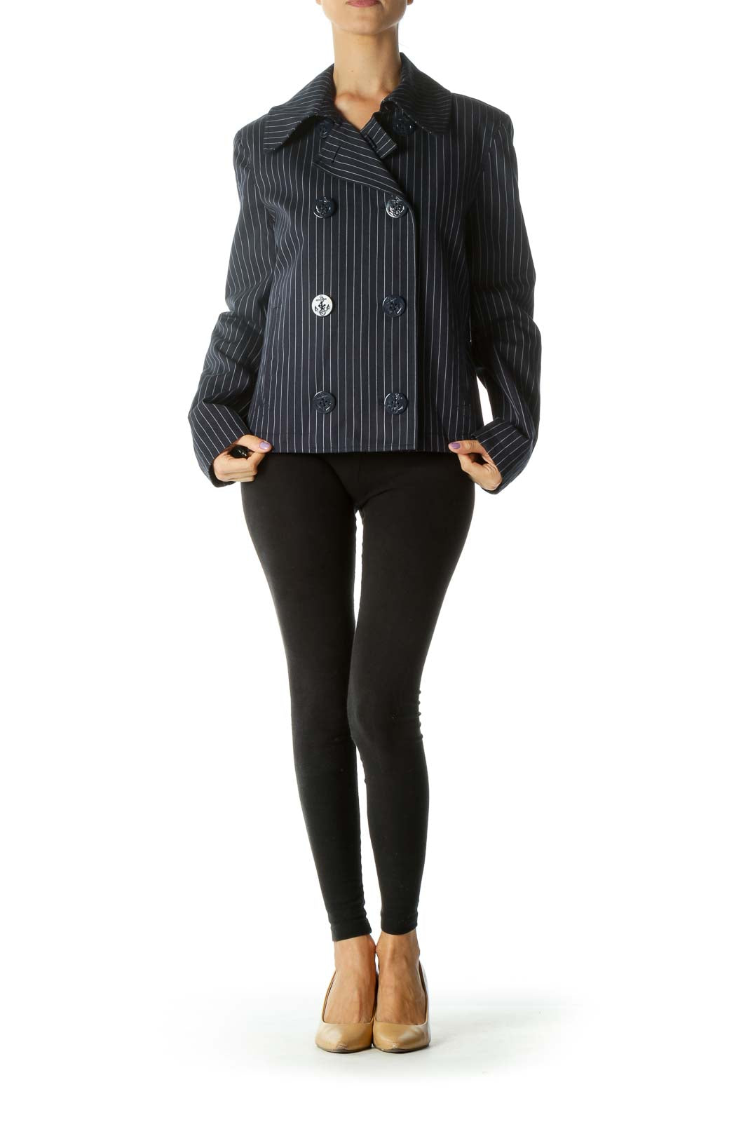 Navy and White Striped Double-Breasted Coat