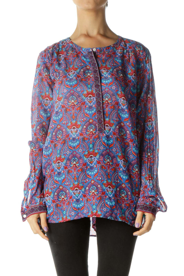 Blue Purple Red Print Long Sleeve Tunic Top