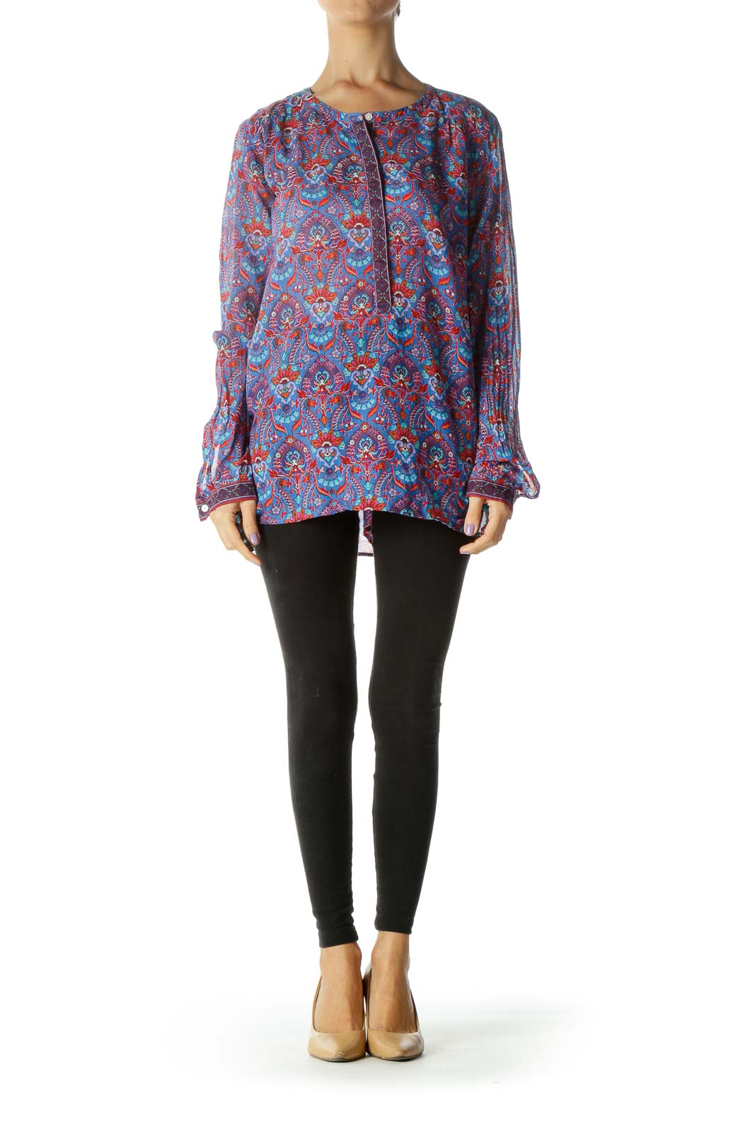 Blue Purple Red Print Long Sleeve Tunic Top