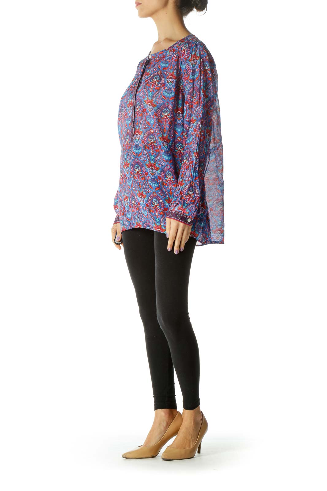 Blue Purple Red Print Long Sleeve Tunic Top