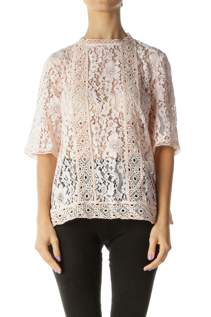 Pink Floral Lace Knit Top