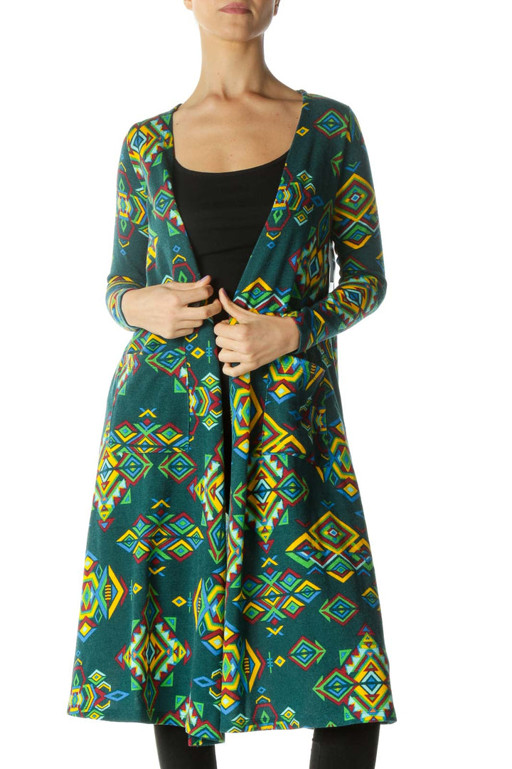 Teal Multicolor Print Long Cardigan