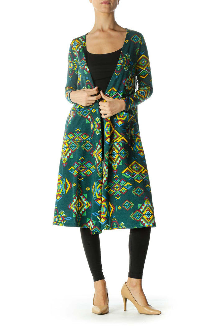 Teal Multicolor Print Long Cardigan