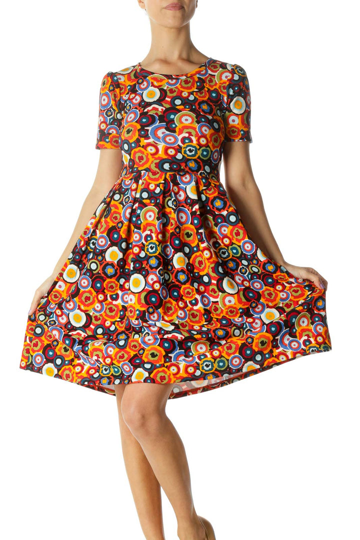 Orange Multicolor Circle Print A-line Dress