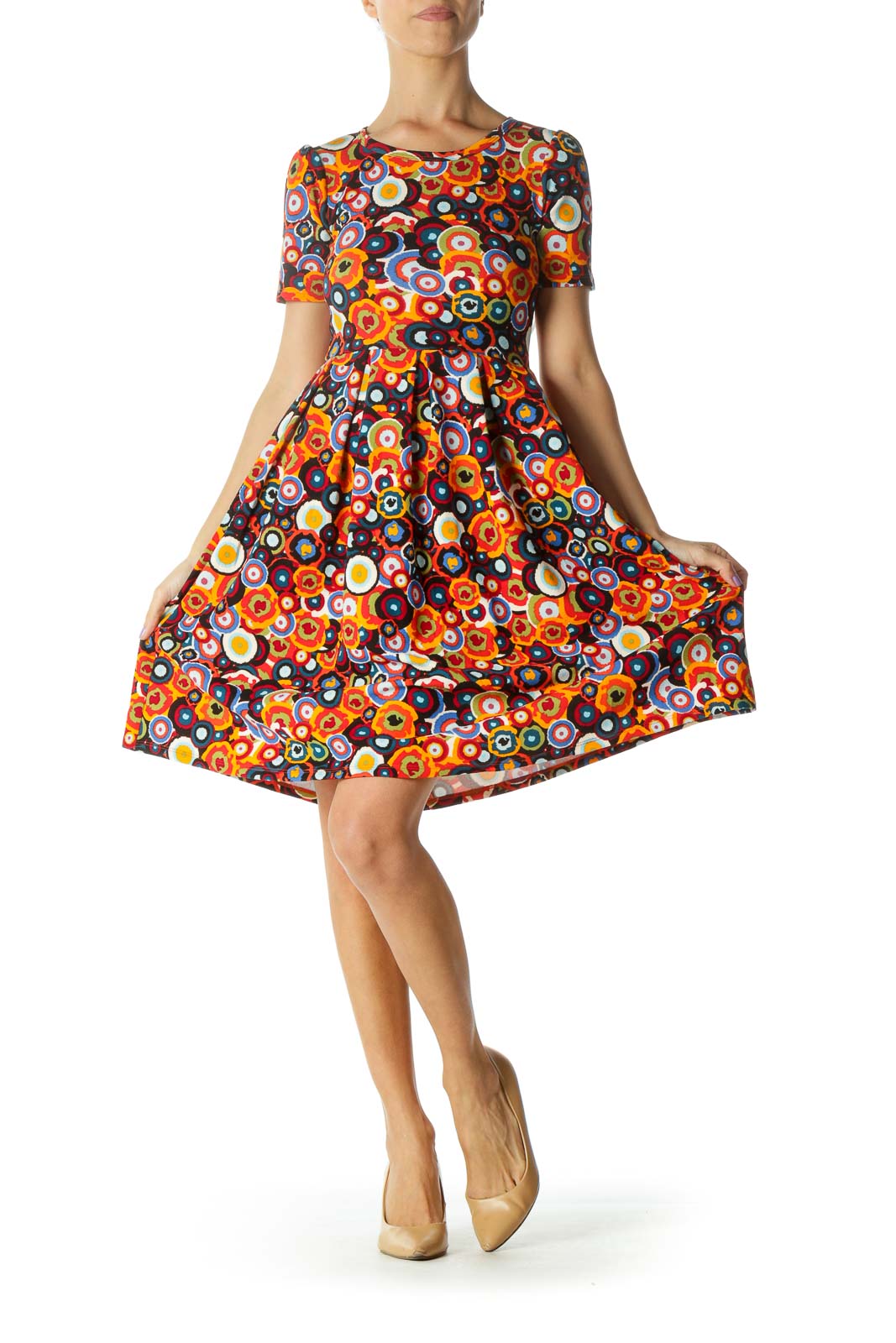 Orange Multicolor Circle Print A-line Dress