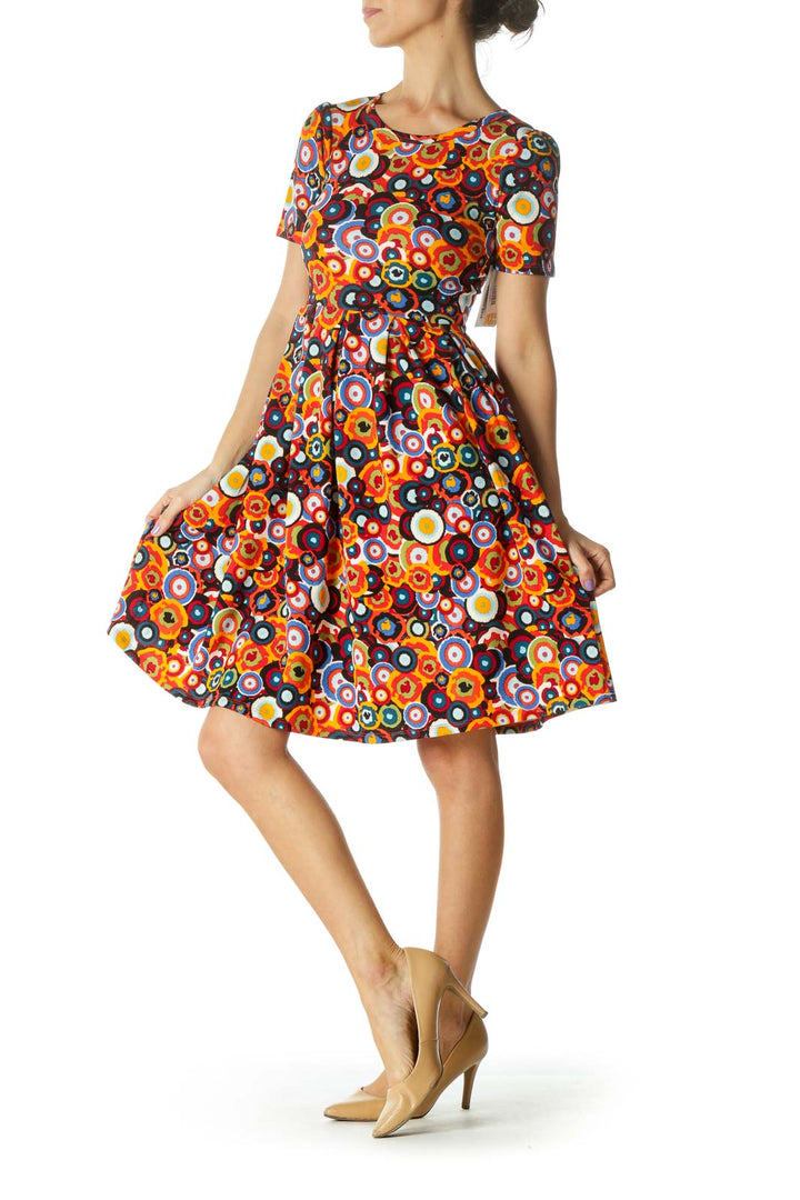 Orange Multicolor Circle Print A-line Dress