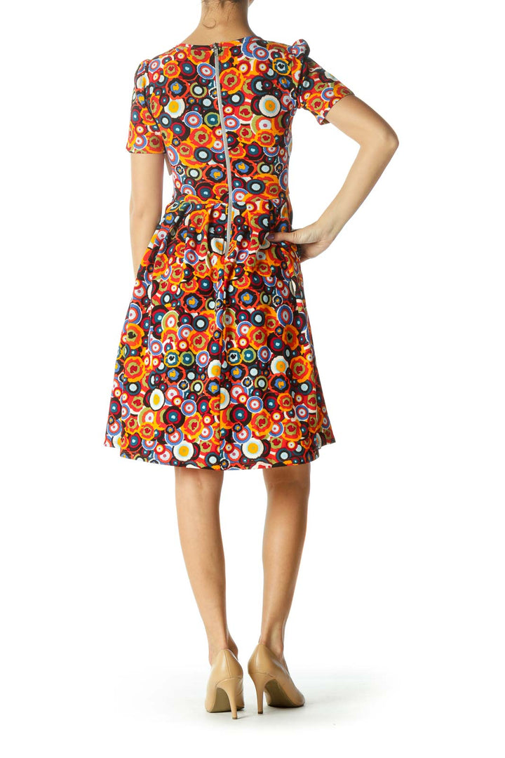 Orange Multicolor Circle Print A-line Dress