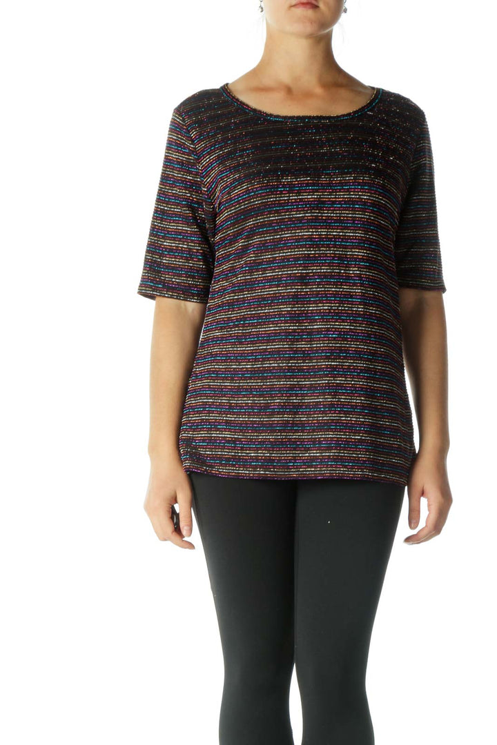 Black Multicolored Striped Textured Print T-Shirt