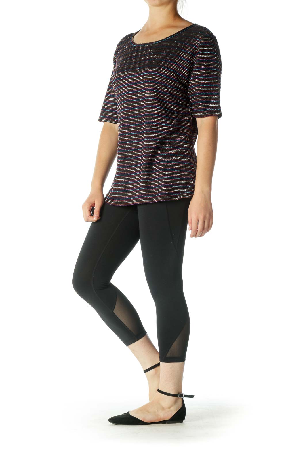 Black Multicolored Striped Textured Print T-Shirt