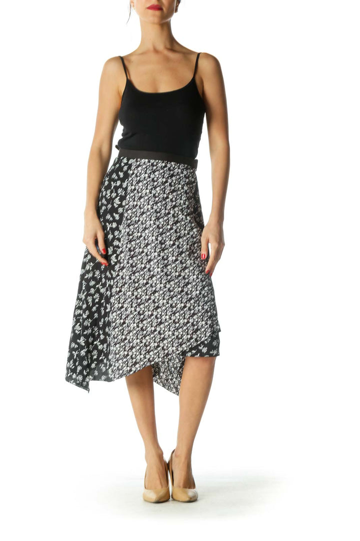 Black and White Floral Print Asymmetrical Skirt