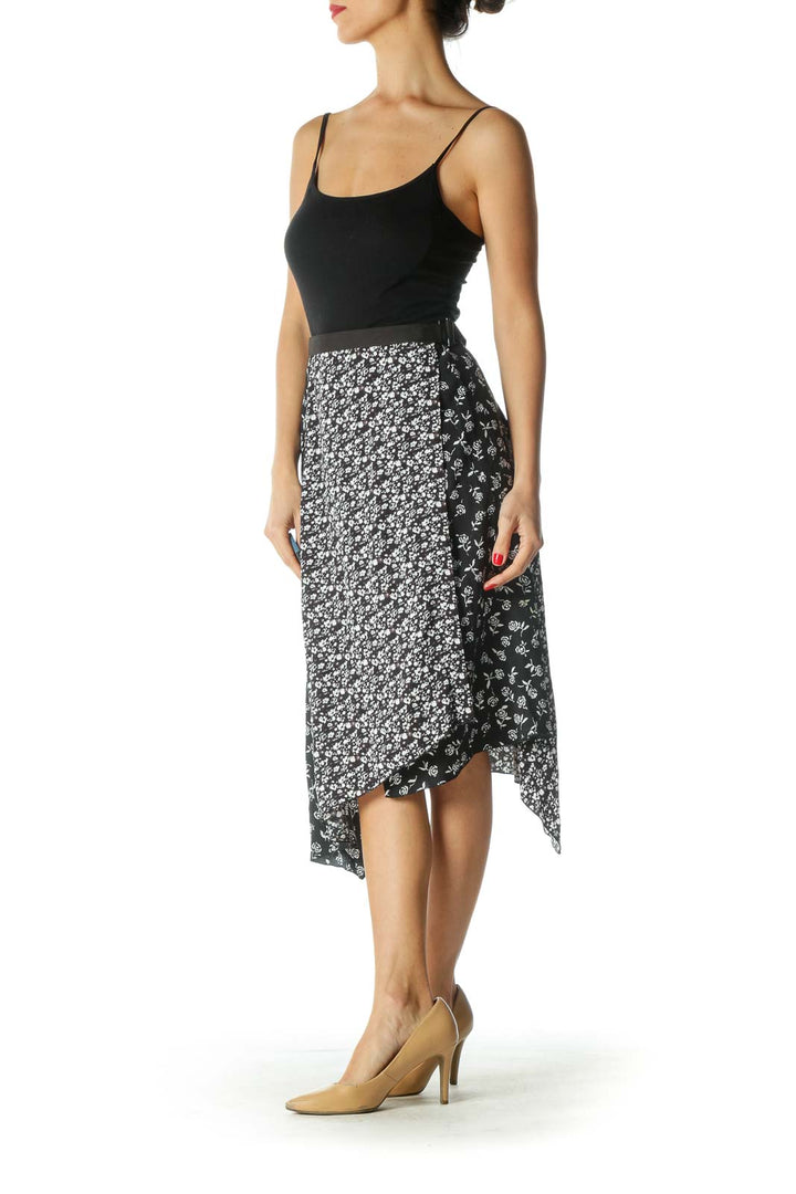 Black and White Floral Print Asymmetrical Skirt