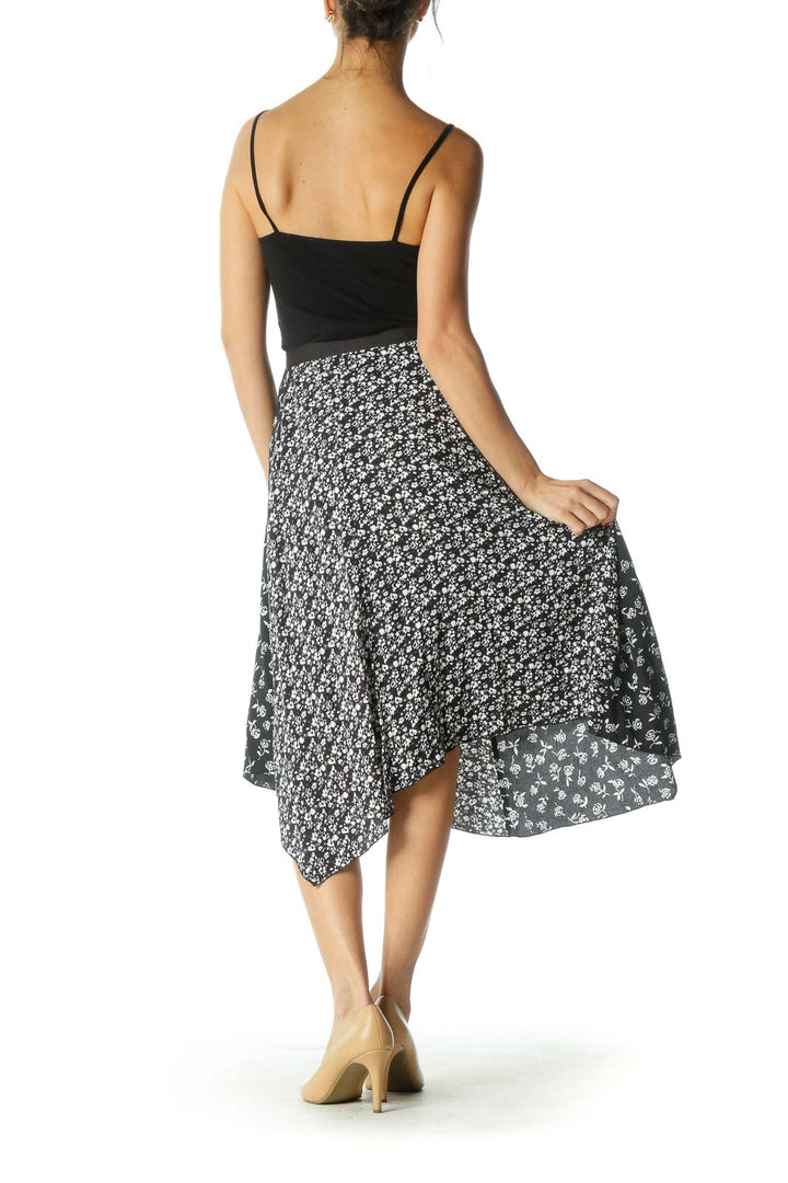 Black and White Floral Print Asymmetrical Skirt