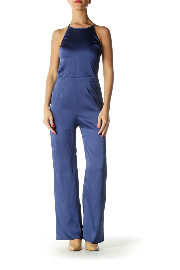 Blue High Neck Satin-Texture Jumpsuit