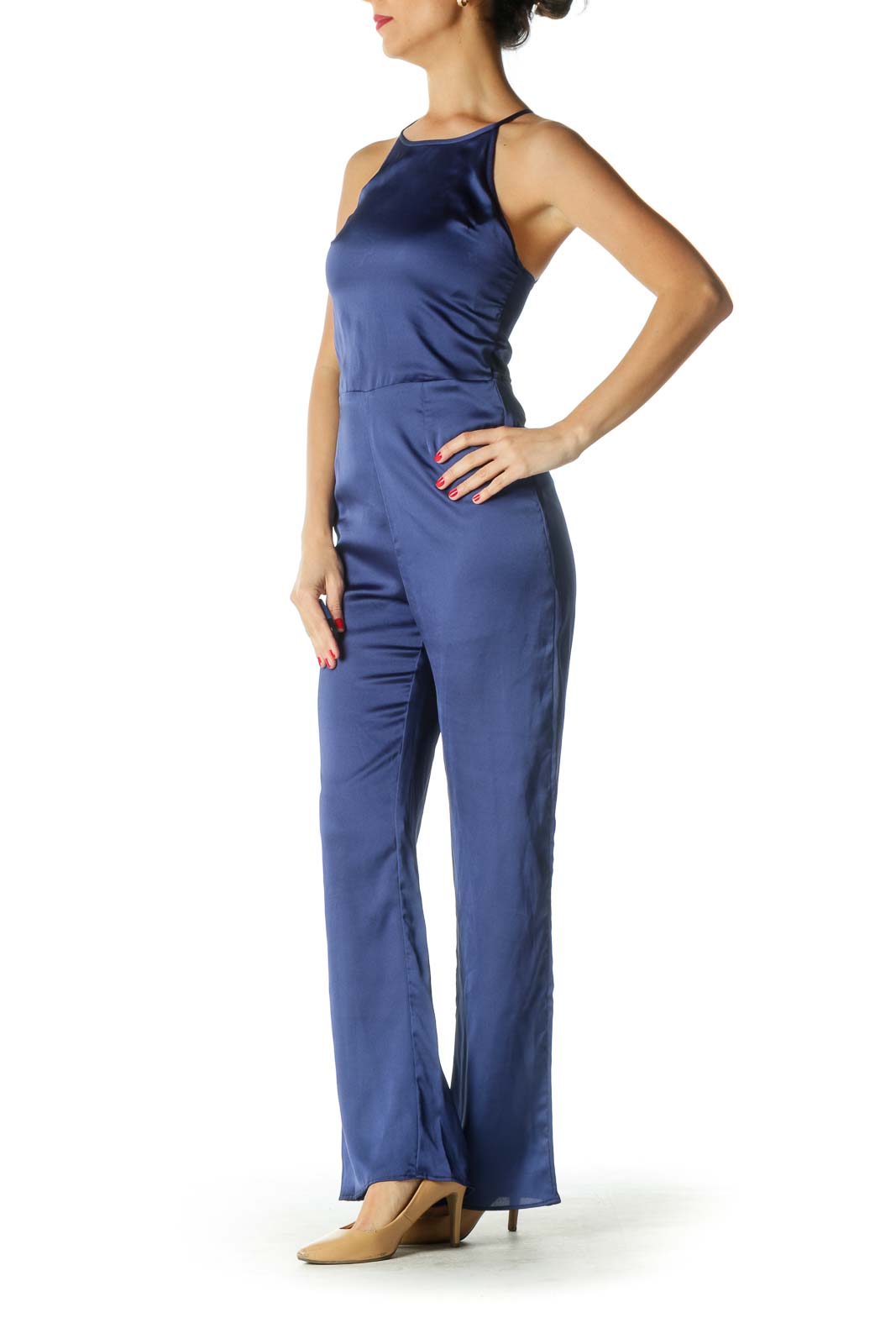 Blue High Neck Satin-Texture Jumpsuit