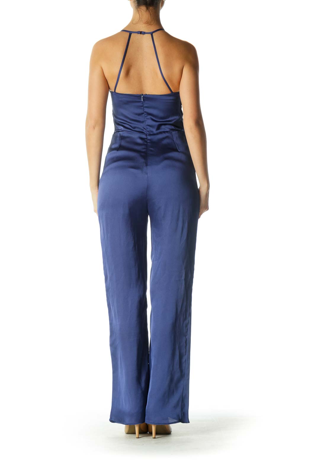 Blue High Neck Satin-Texture Jumpsuit