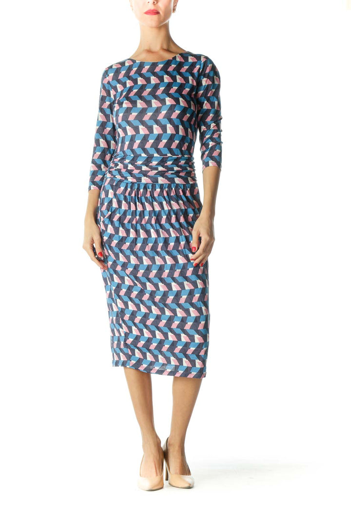 Blue Pink White 3/4 Sleeve Print Day Dress