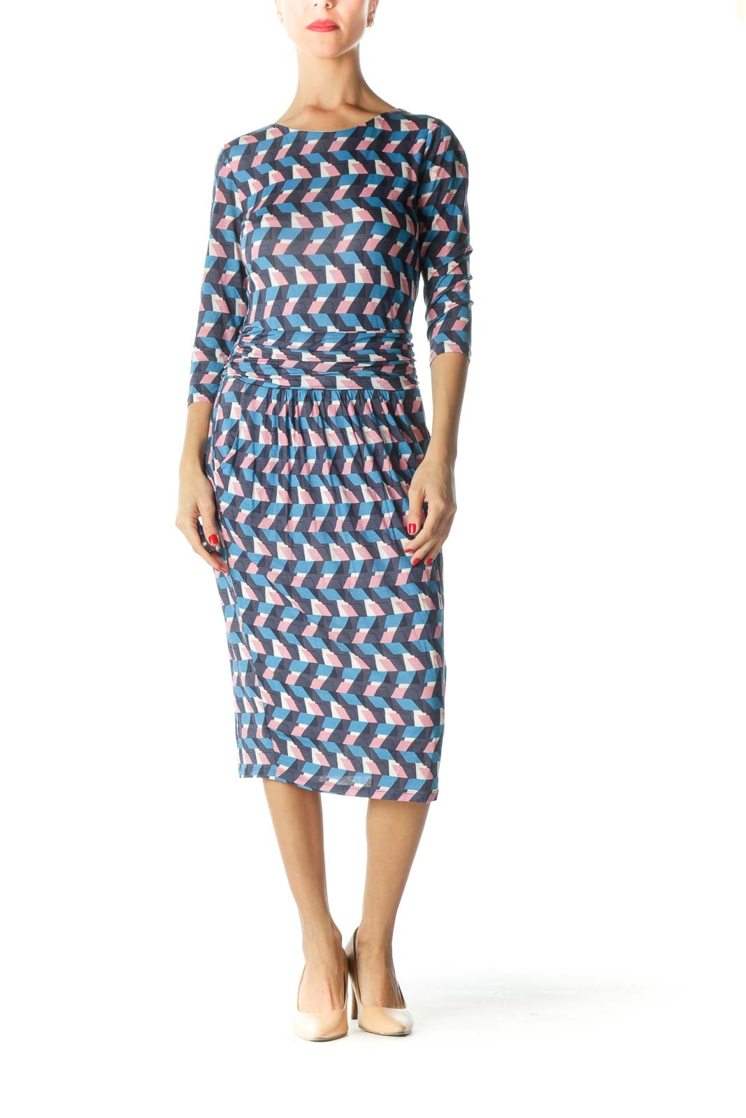 Blue Pink White 3/4 Sleeve Print Day Dress