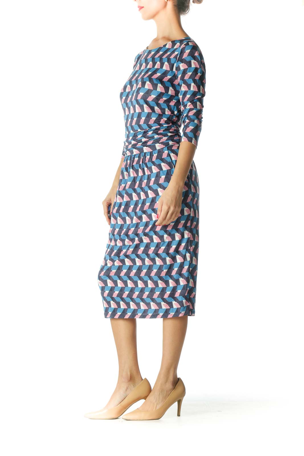 Blue Pink White 3/4 Sleeve Print Day Dress