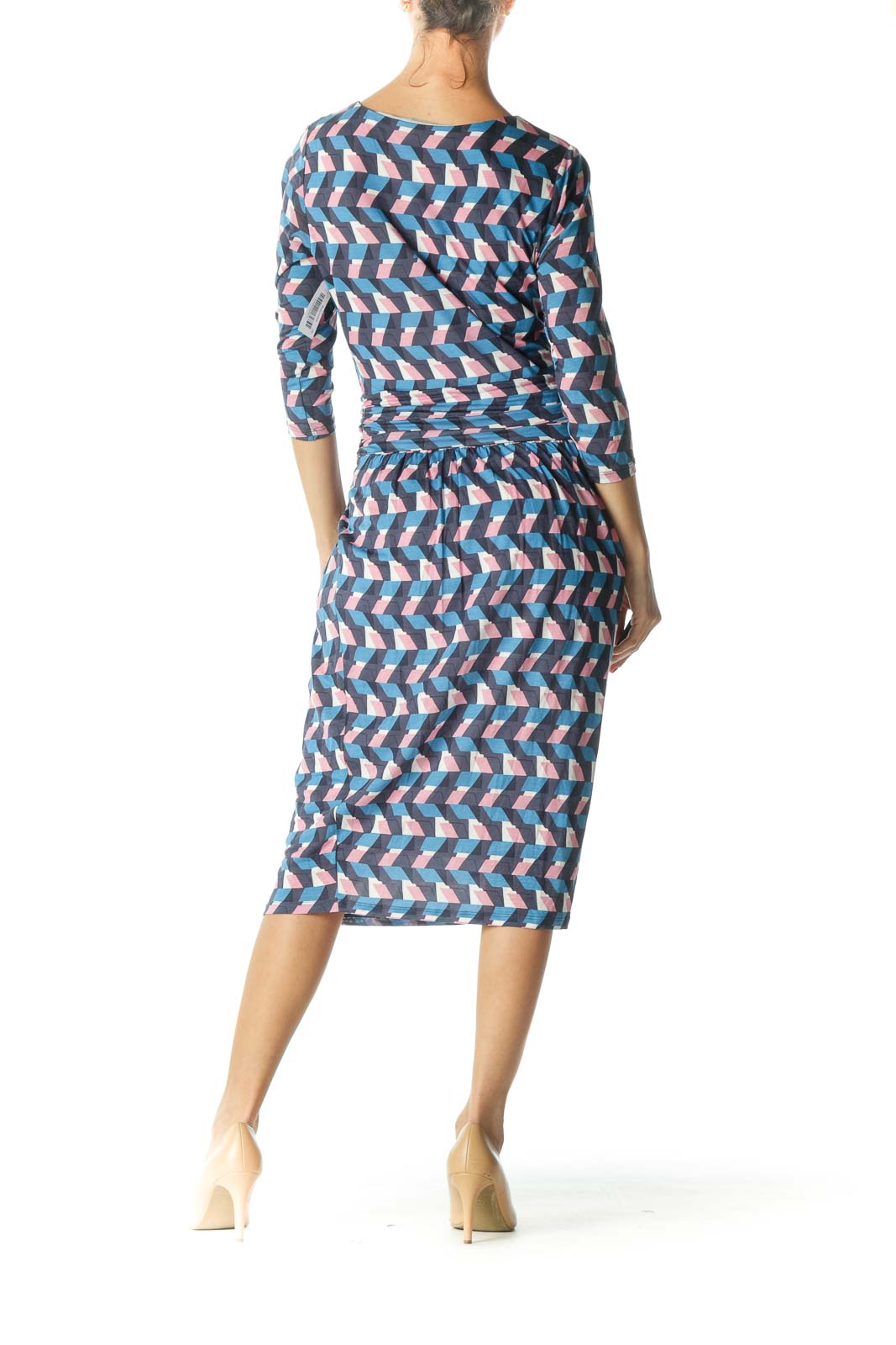 Blue Pink White 3/4 Sleeve Print Day Dress