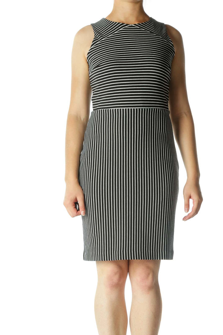 Black White Round Neck Striped Textured Dress