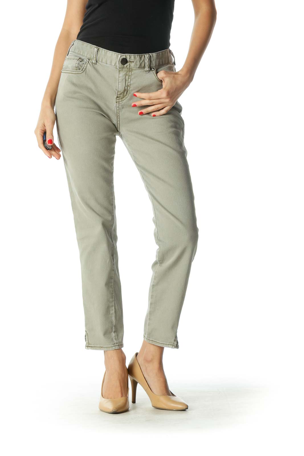 Front view of sage green relaxed fit ankle jeans from Free People