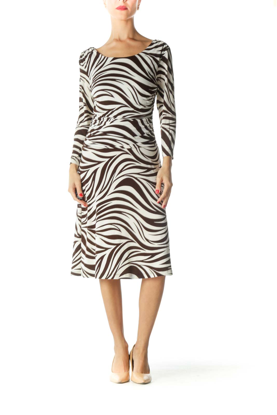 Brown Cream Boat Neck Zebra Print Dress