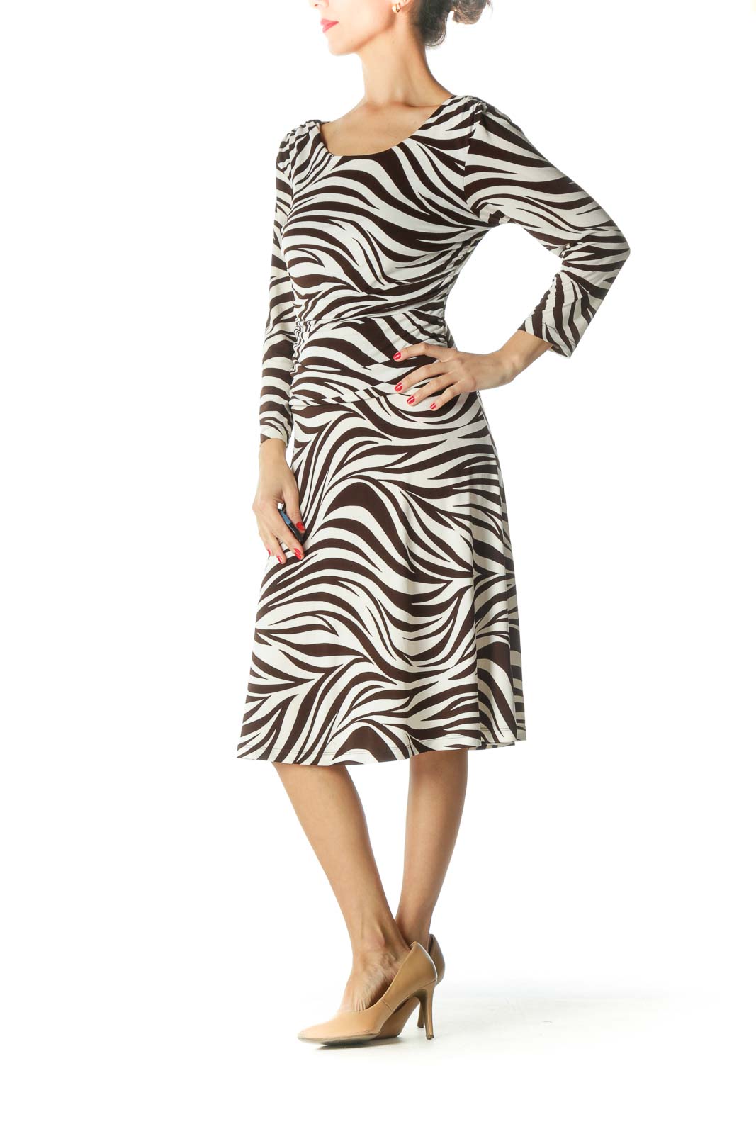 Brown Cream Boat Neck Zebra Print Dress