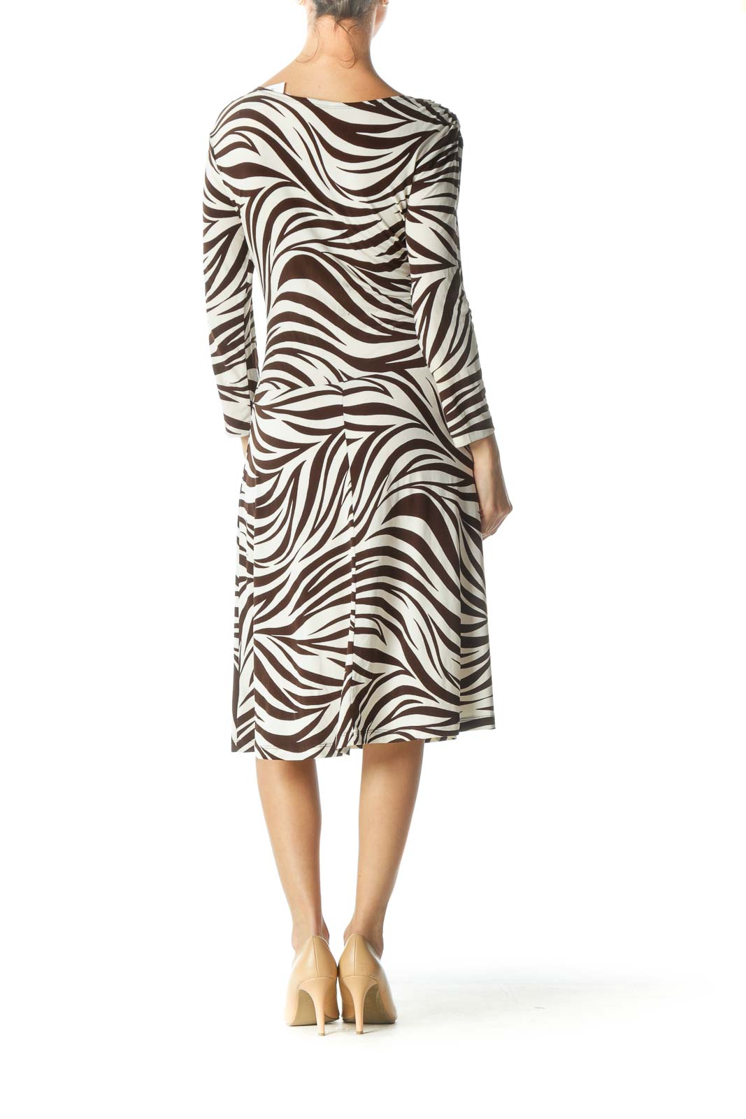 Brown Cream Boat Neck Zebra Print Dress