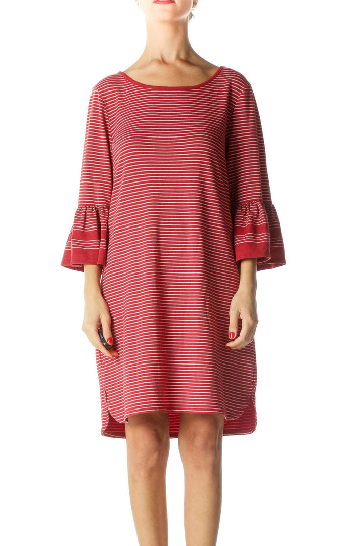 Red White Flared Sleeves Jersey-Knit Dress