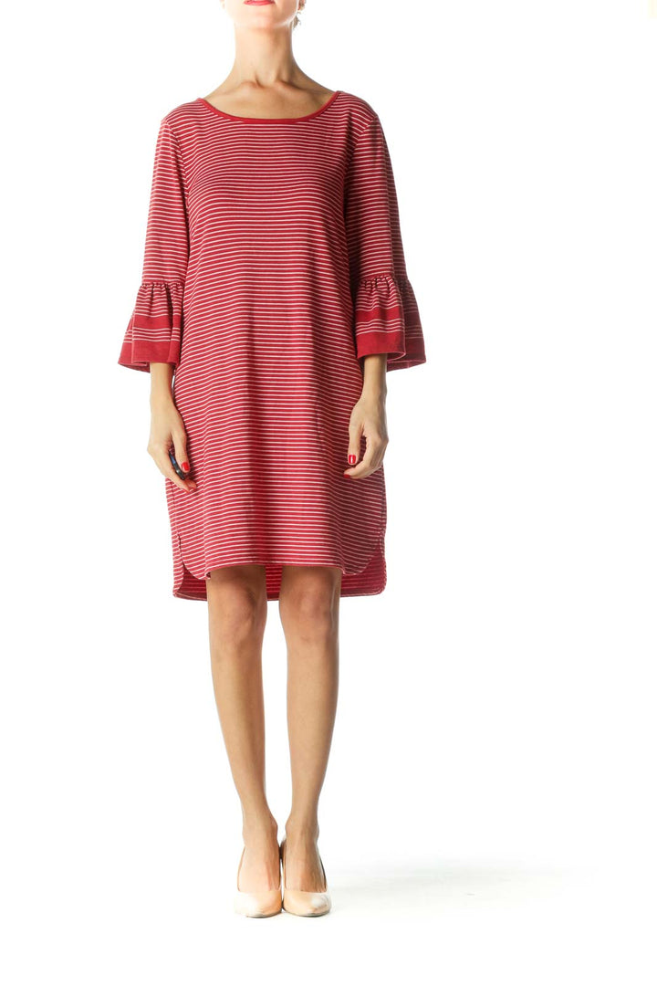 Red White Flared Sleeves Jersey-Knit Dress