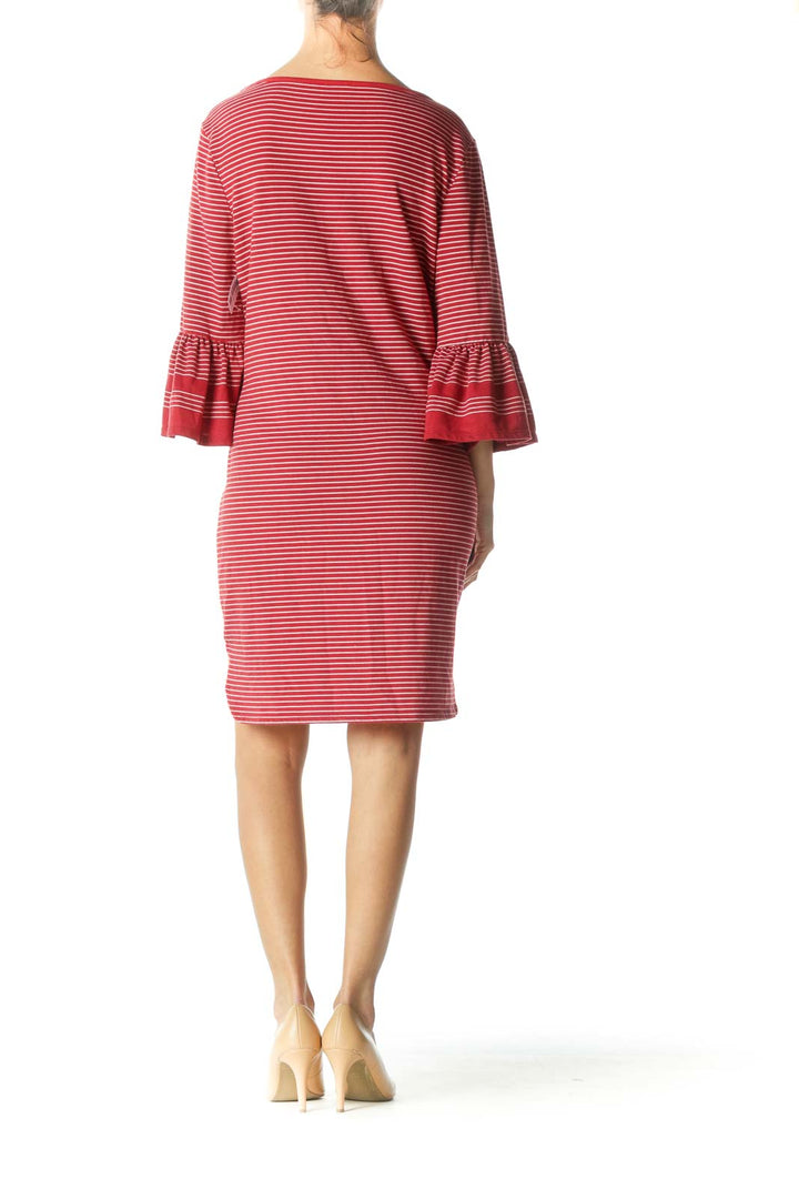 Red White Flared Sleeves Jersey-Knit Dress