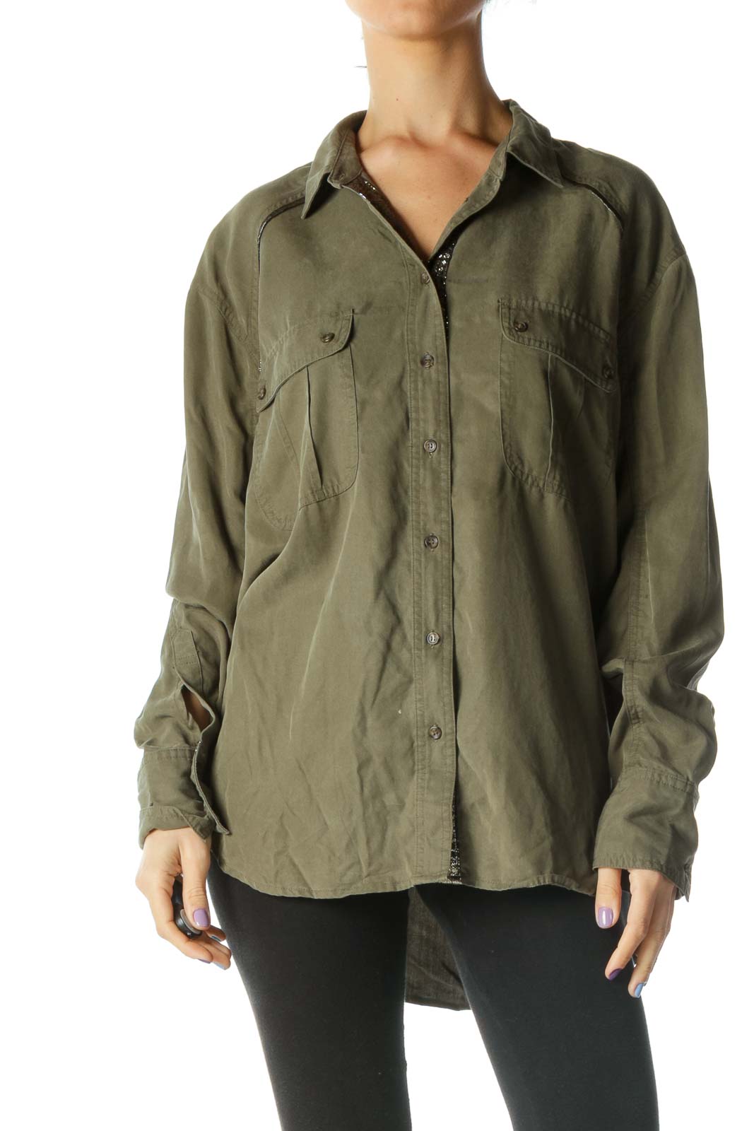 Front view of olive Free People oversized button-down shirt