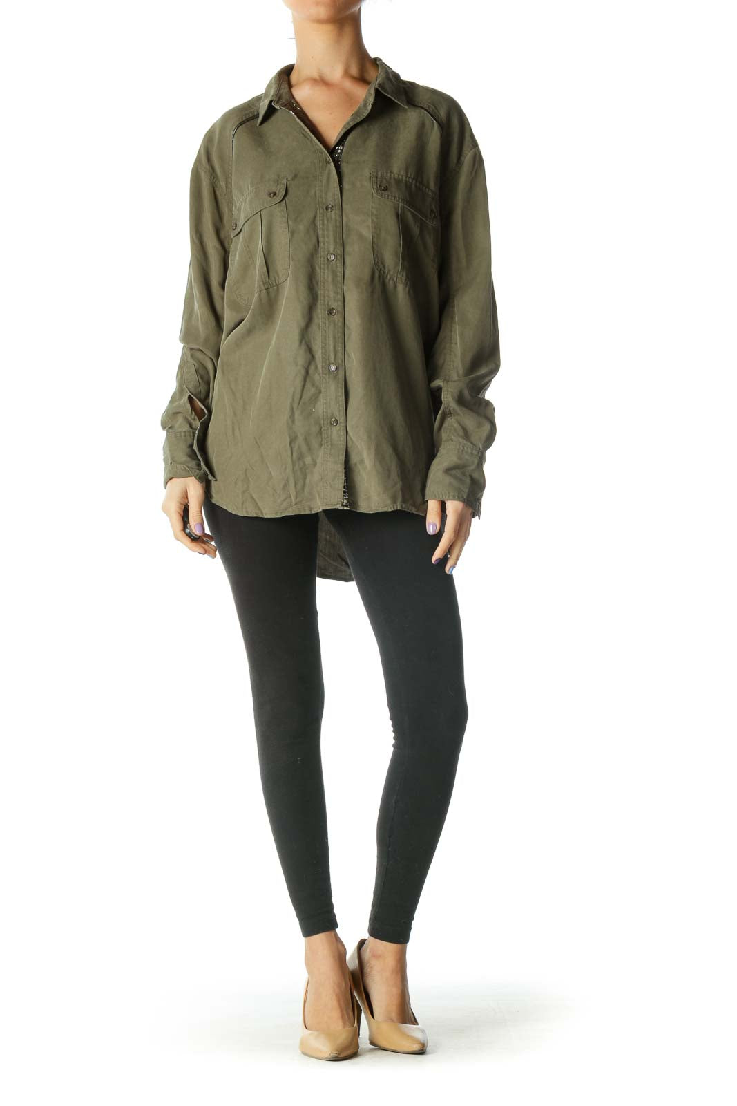 Front view of olive Free People oversized button-down shirt