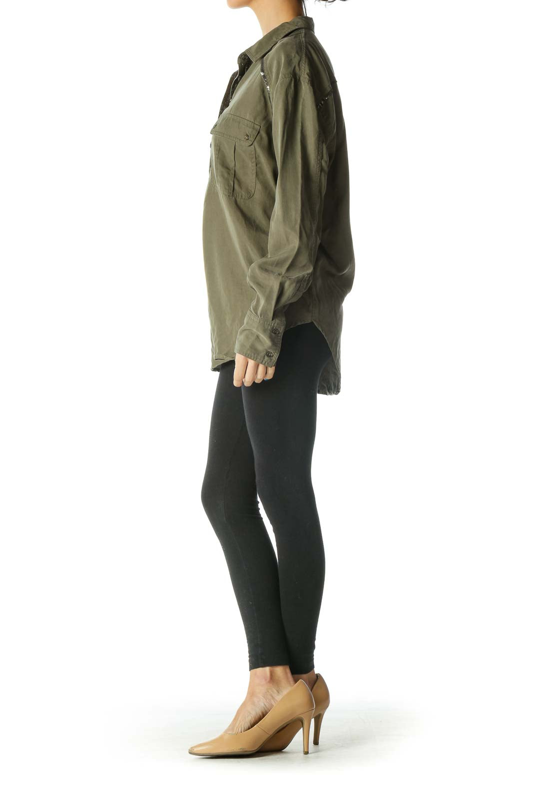 Front view of olive Free People oversized button-down shirt