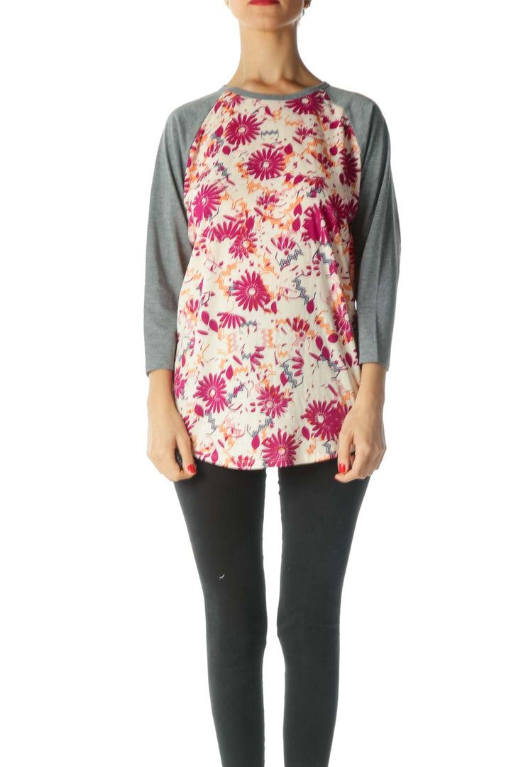 Gray Purple Orange Floral Print Long Sleeve Top