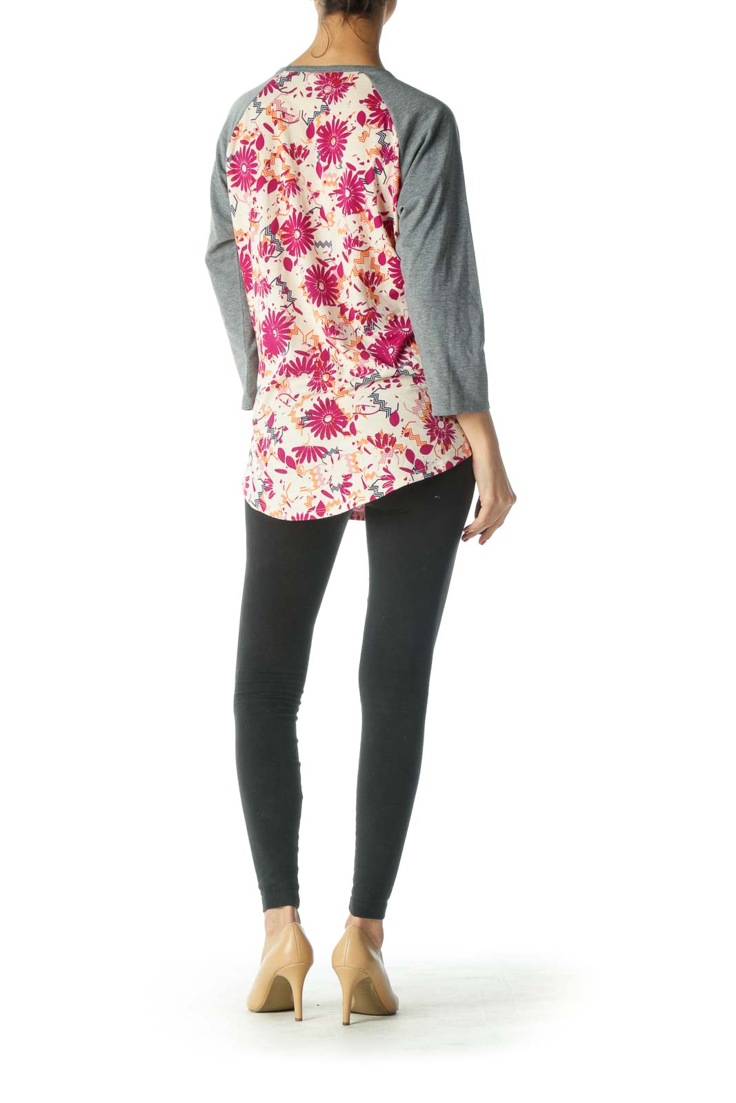 Gray Purple Orange Floral Print Long Sleeve Top