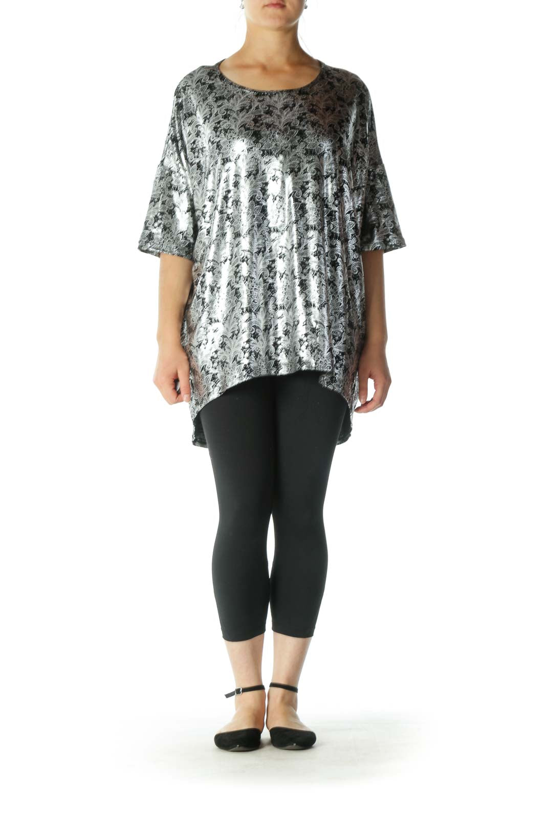 Silver Shiny Short Sleeve Top