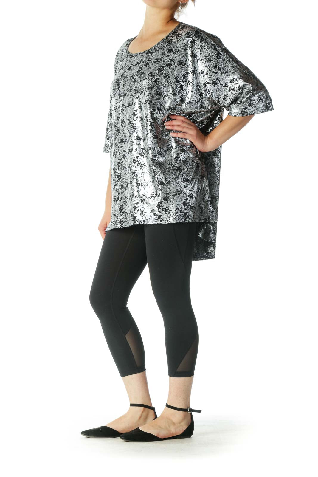 Silver Shiny Short Sleeve Top