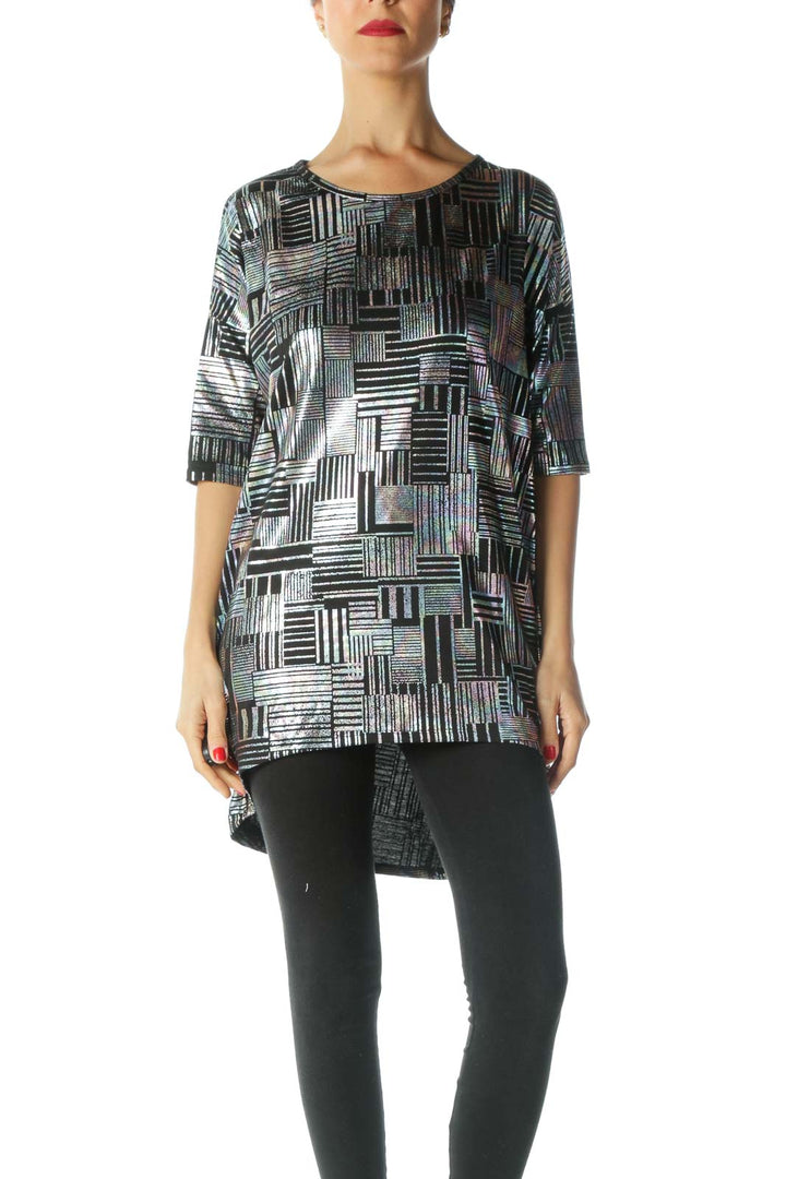 Black Silver Geometric Print T-Shirt